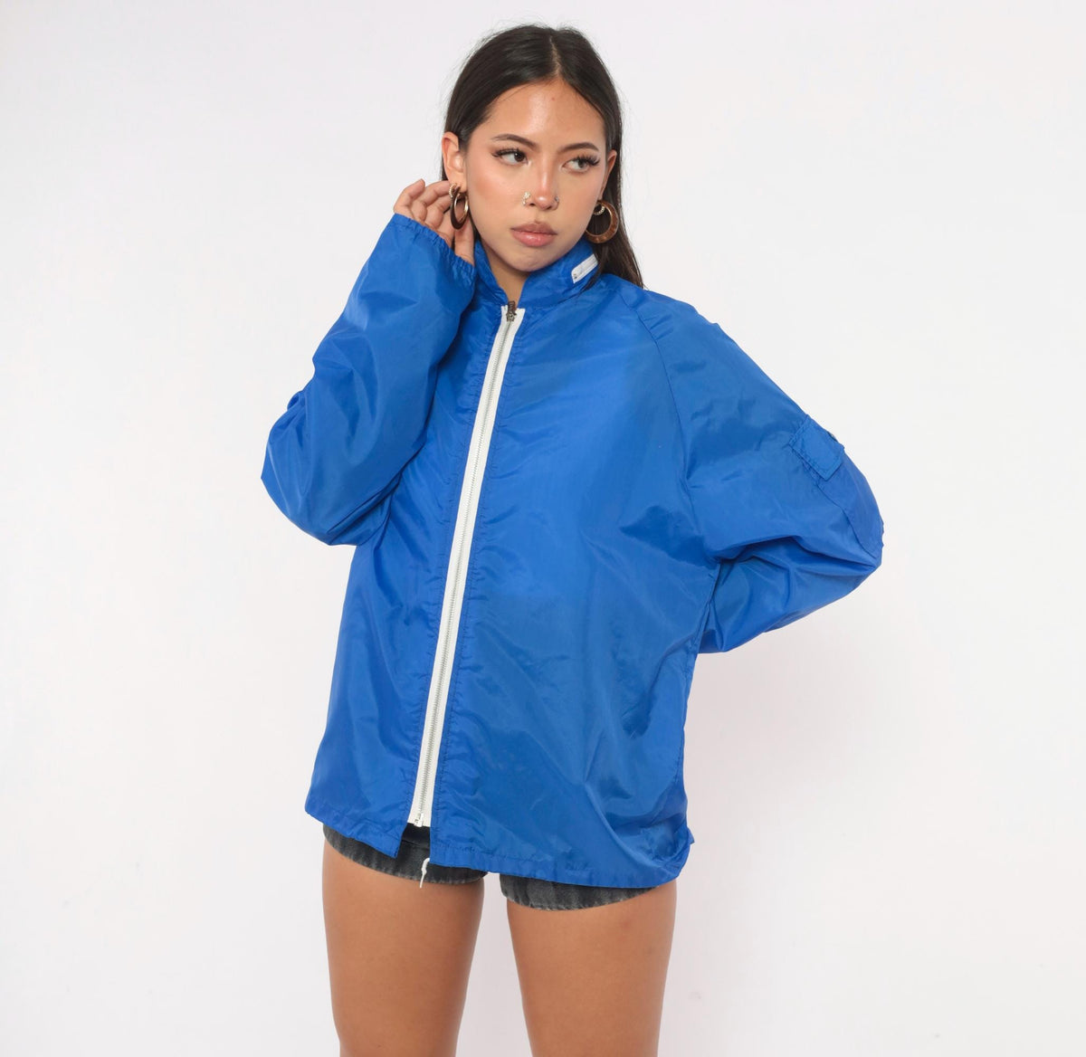 70s Cobalt Nylon Windbreaker Jacket Hooded Raglan Zip Front Royal Blue Medium