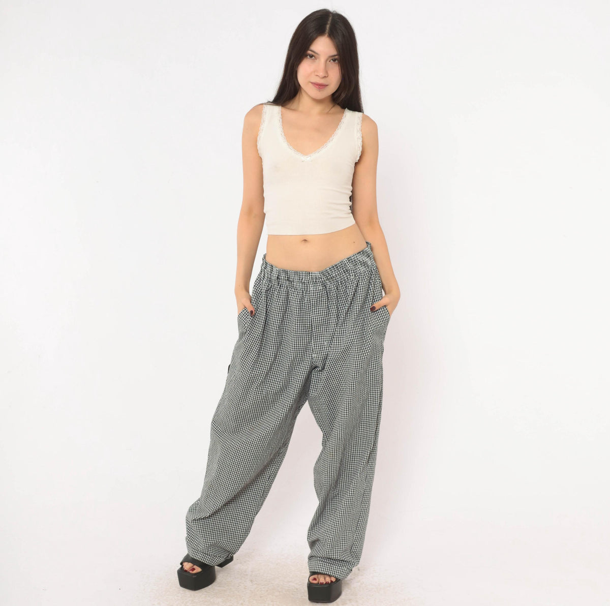 90s Newchef Fashions Black White Gingham Chef Pants Cotton Large L