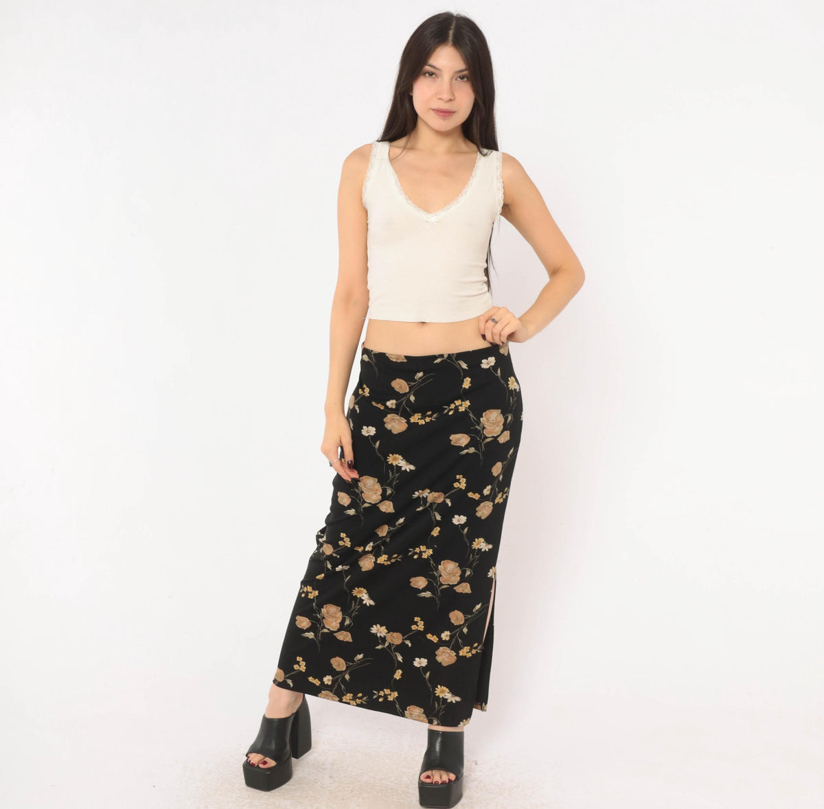 90s Black Floral Skirt Ankle Length Straight Daisy Rose Print Large L