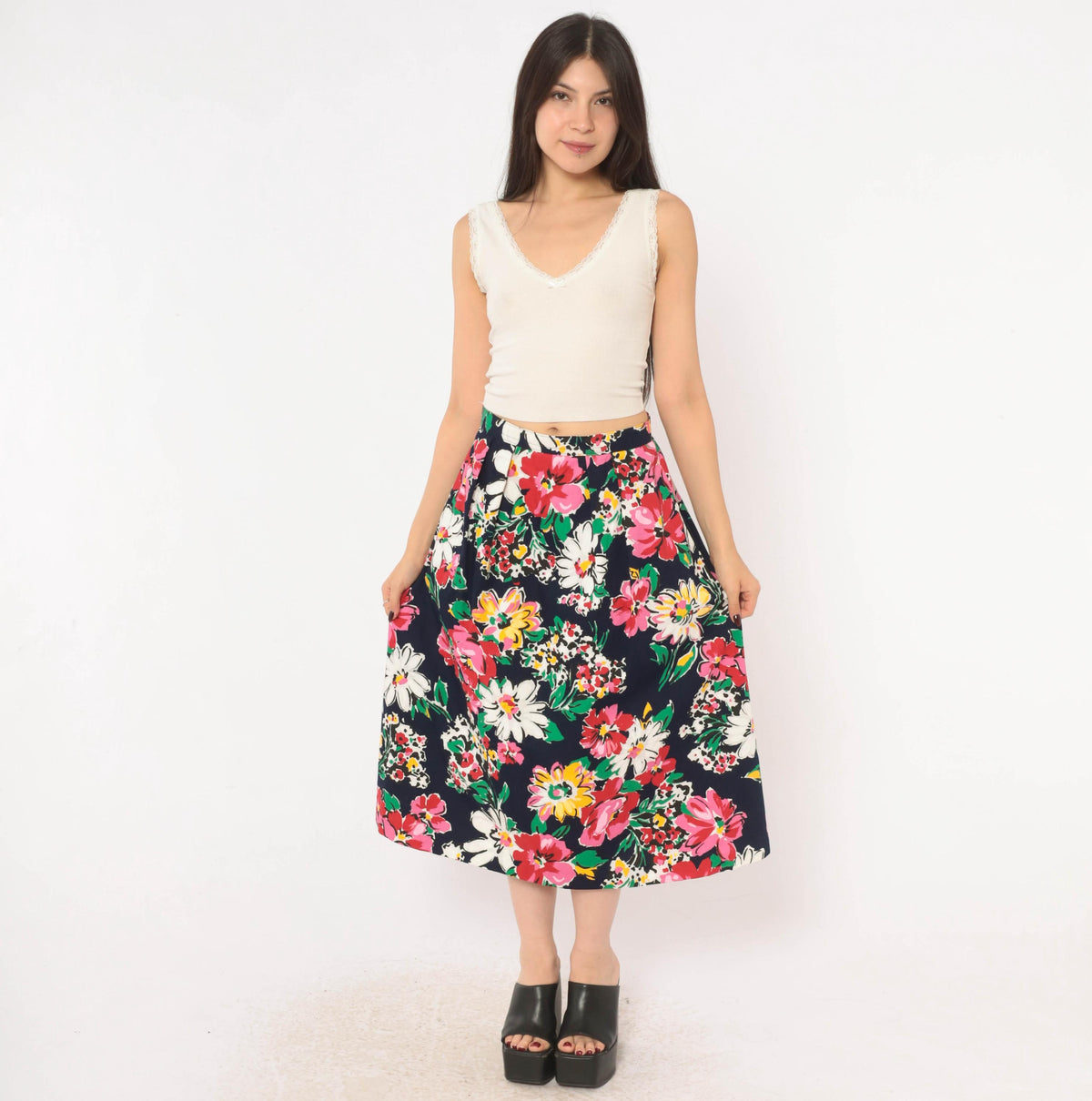 80s Navy Floral Midi Skirt A-Line Daisy Print Cotton Small S