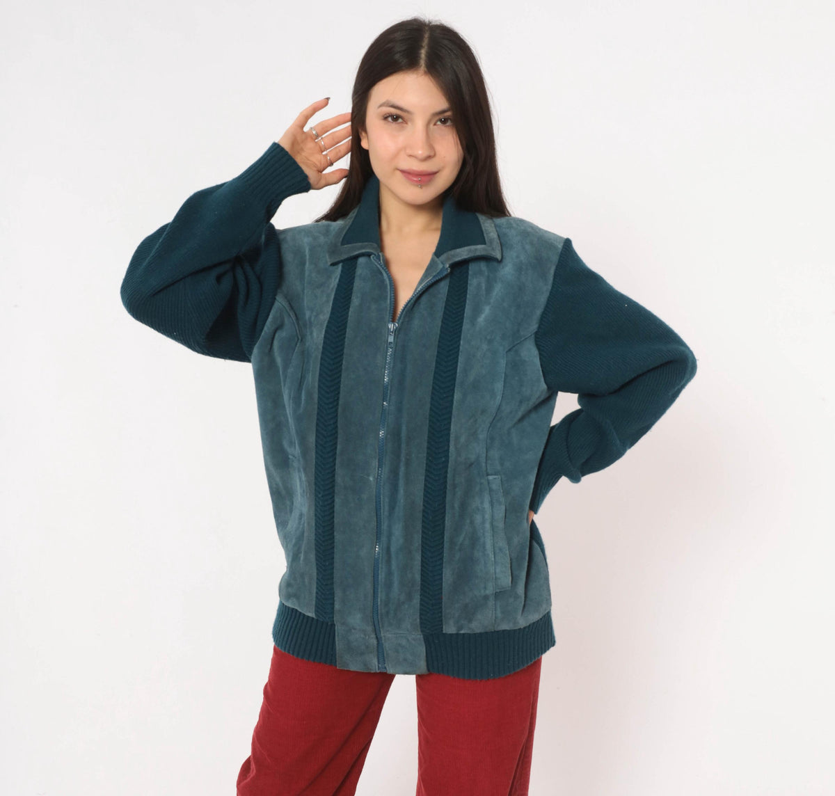 80s Mervyn's Navy Blue Suede Leather Cardigan Knit Zip Jacket Large