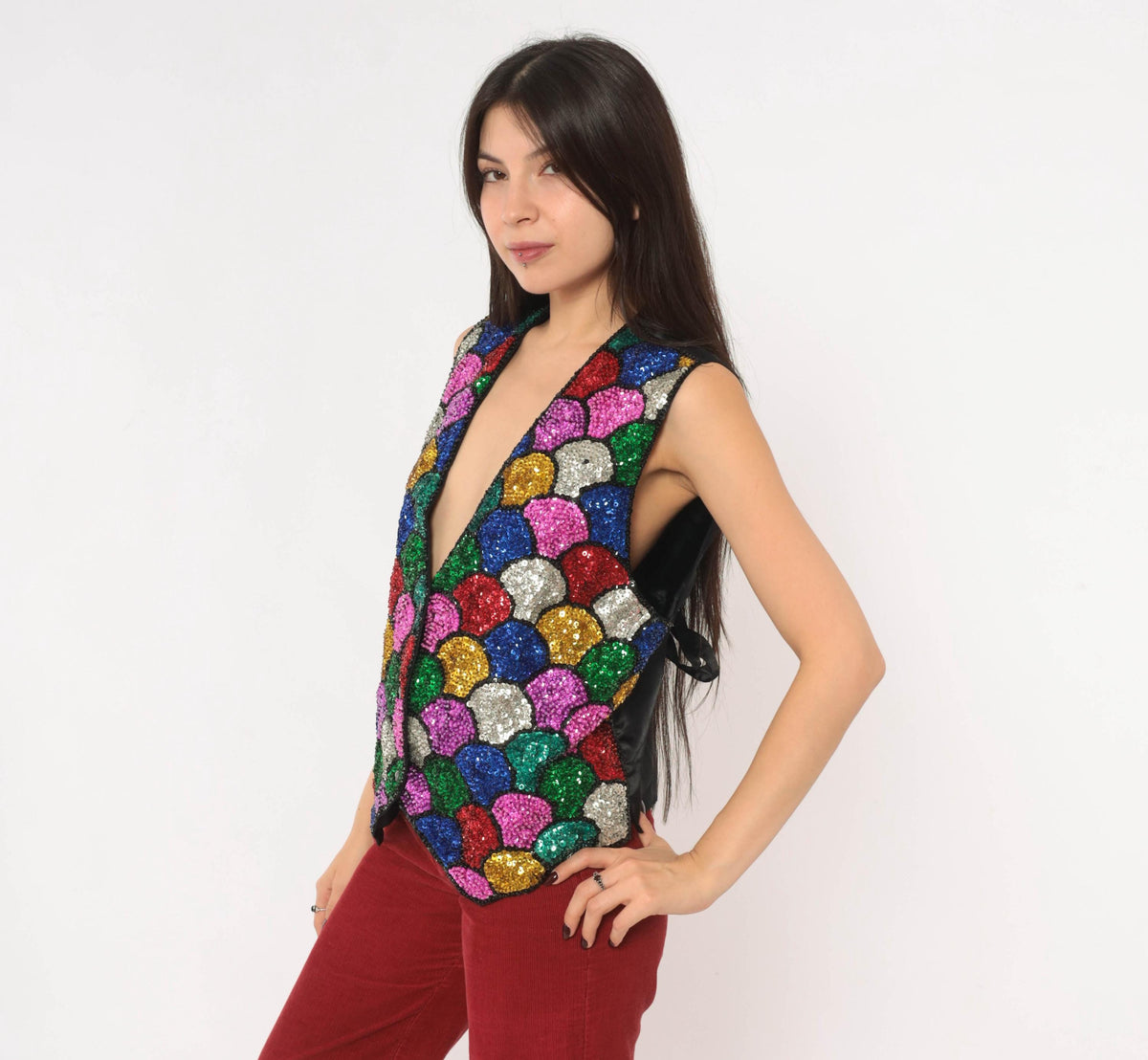 90s Ana Mori Rainbow Sequin Vest Multicolor Mosaic Scale V-Neck Large L