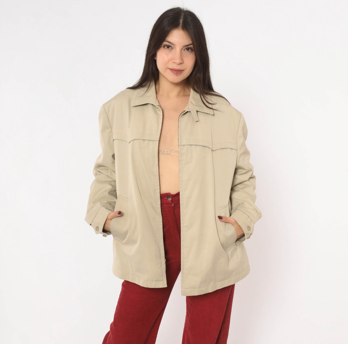 80s Sears Beige Harrington Jacket Western Yoke Pointed Collar Unisex Large