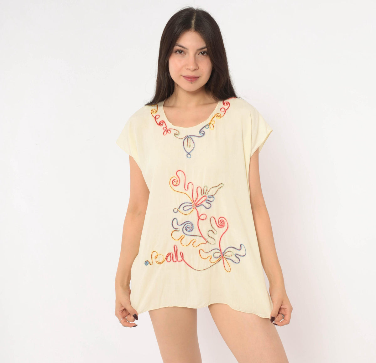 Y2K Cream Blouse Rainbow Soutache Embroidered Floral Cap Sleeve Medium M