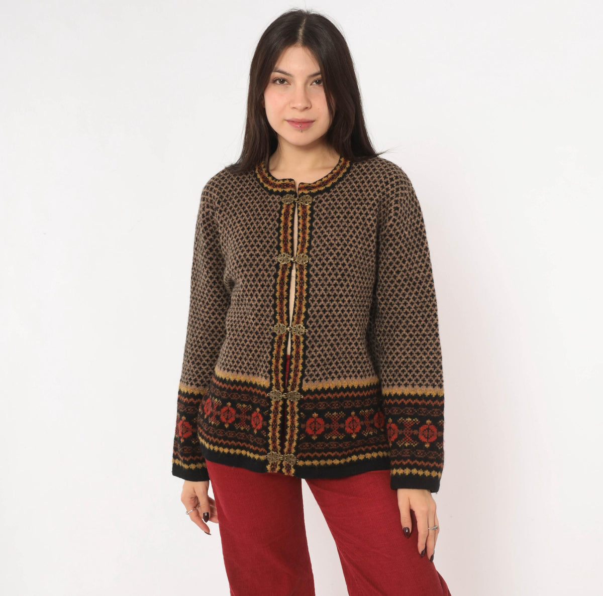 90s Skyr Wool Cardigan Black Tan Fair Isle Nordic Knit Small S