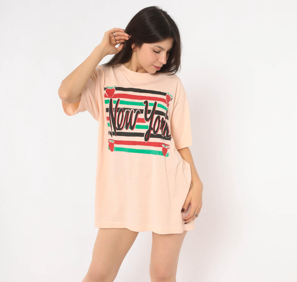 90s New York Souvenir Tee Pink Graphic Apple Stripe Crewneck Extra Large XL