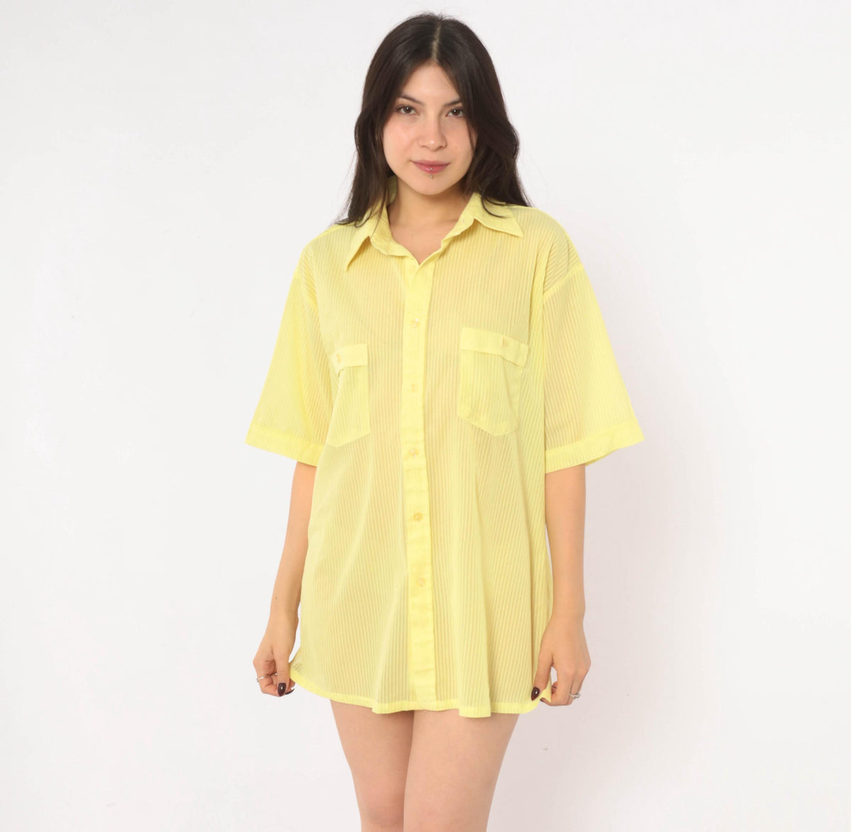70s Jean Phillipe Yellow Striped Button-Up Shirt Pointed Collar Sheer Large