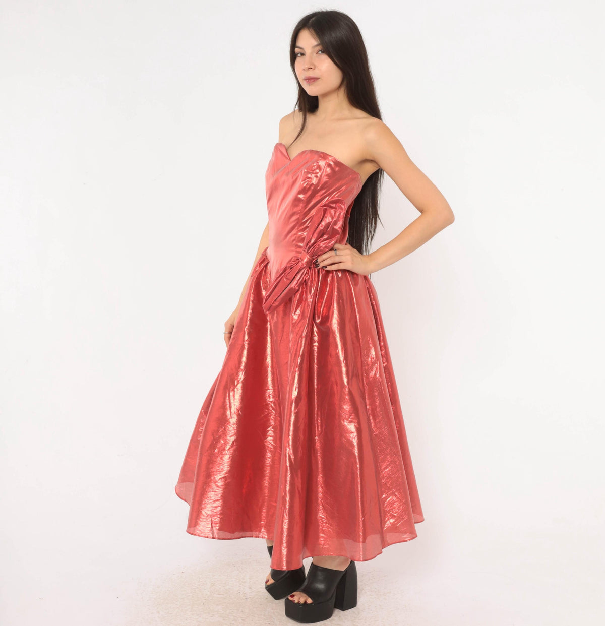 80s Nadine Formals Metallic Red Strapless Party Dress Sweetheart Neckline Medium M