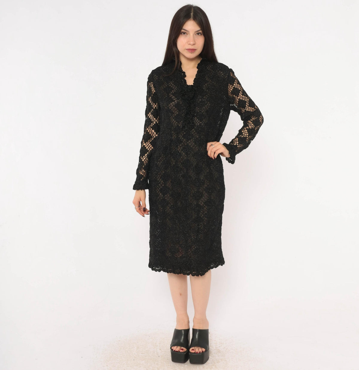 70s Black Crochet Lace Dress Metallic Sparkle Long Sleeve Knee-Length Small