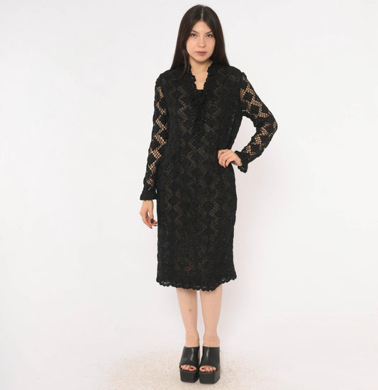 70s Black Crochet Lace Dress Metallic Sparkle Long Sleeve Knee-Length Small