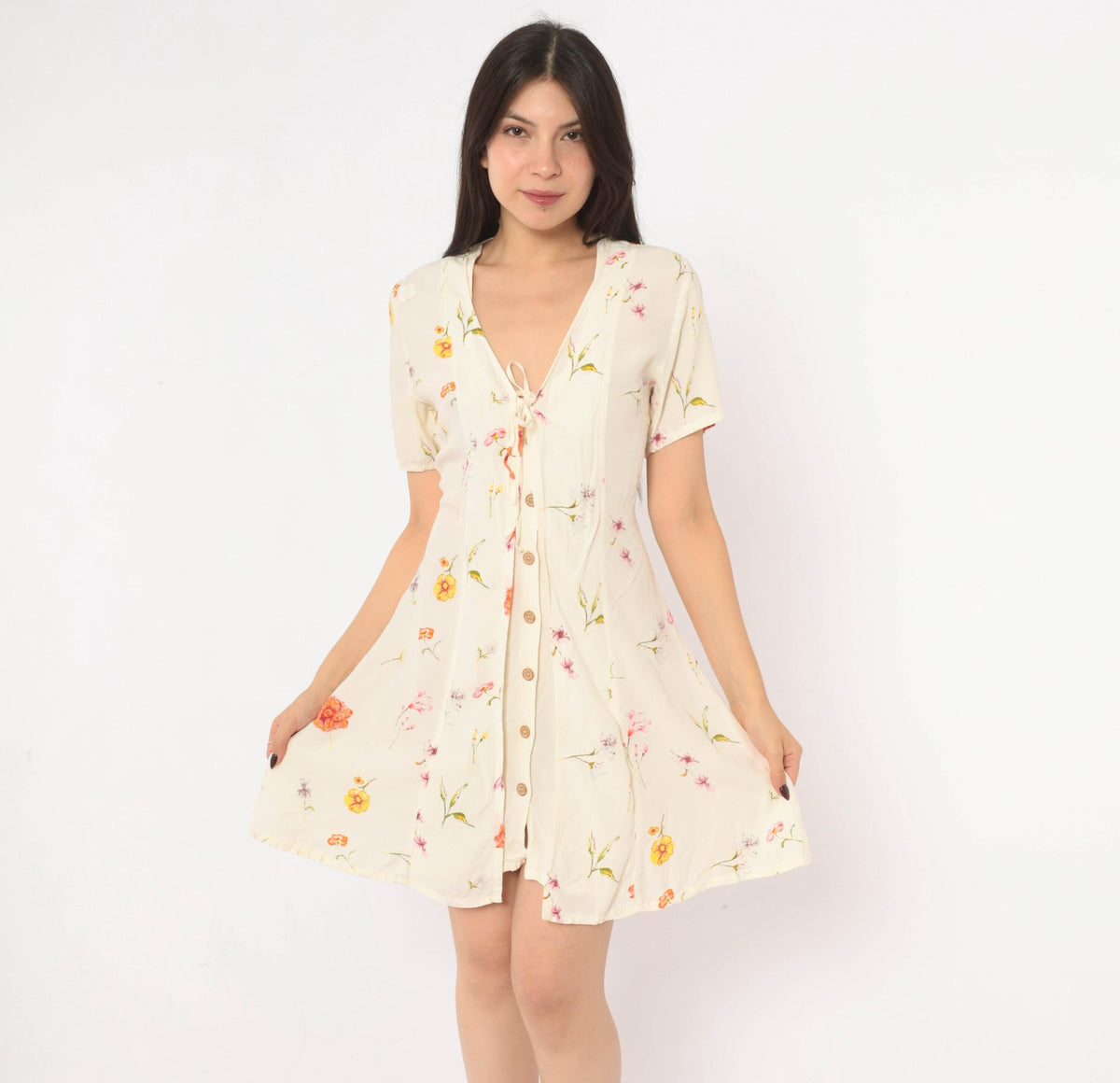 90s Wag Girls Floral Dress Cream Ditsy Print Tie Front Knee Length Extra Small XS