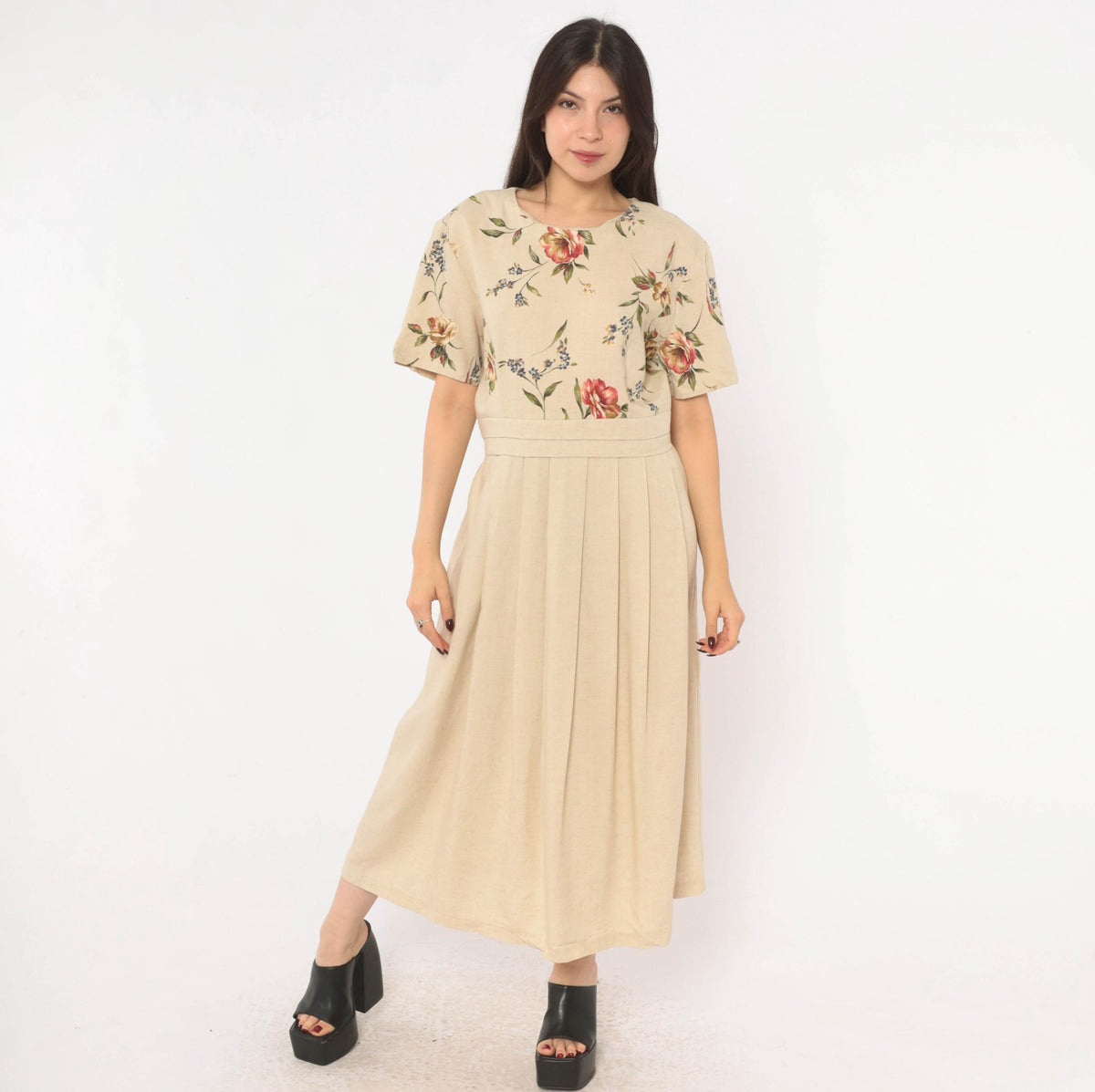 90s Just in Thyme Floral Midi Dress Cream Rose Print A-Line Large L