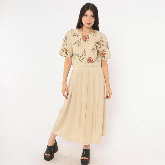 90s Just in Thyme Floral Midi Dress Cream Rose Print A-Line Large L
