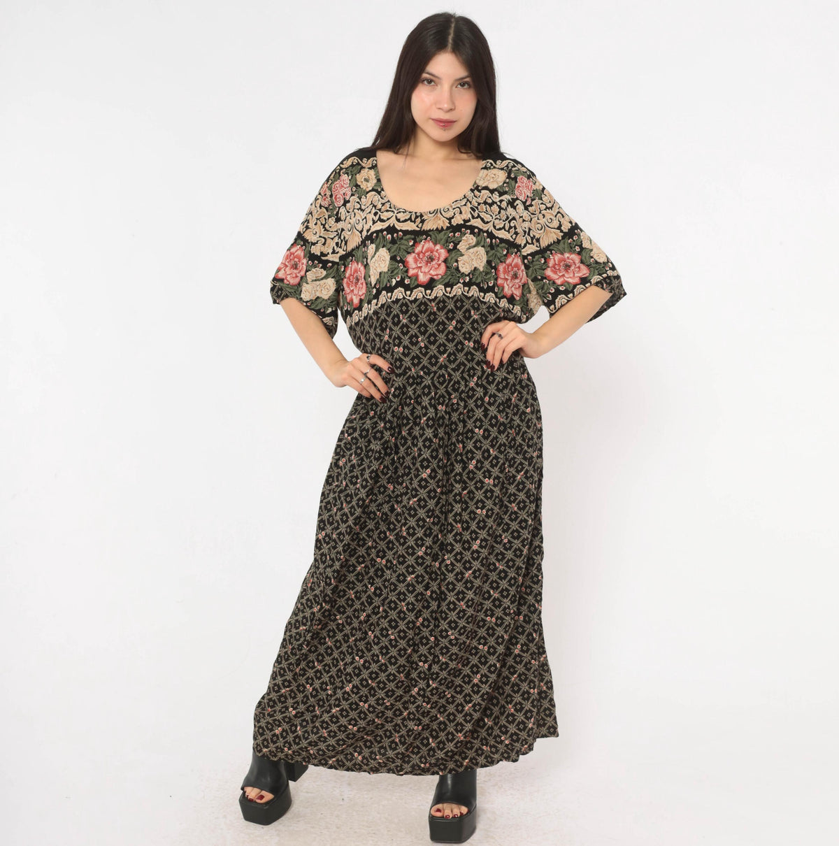 90s Fashion Bug Black Floral Maxi Dress Rose Border Pink Cream Plus Size 3X