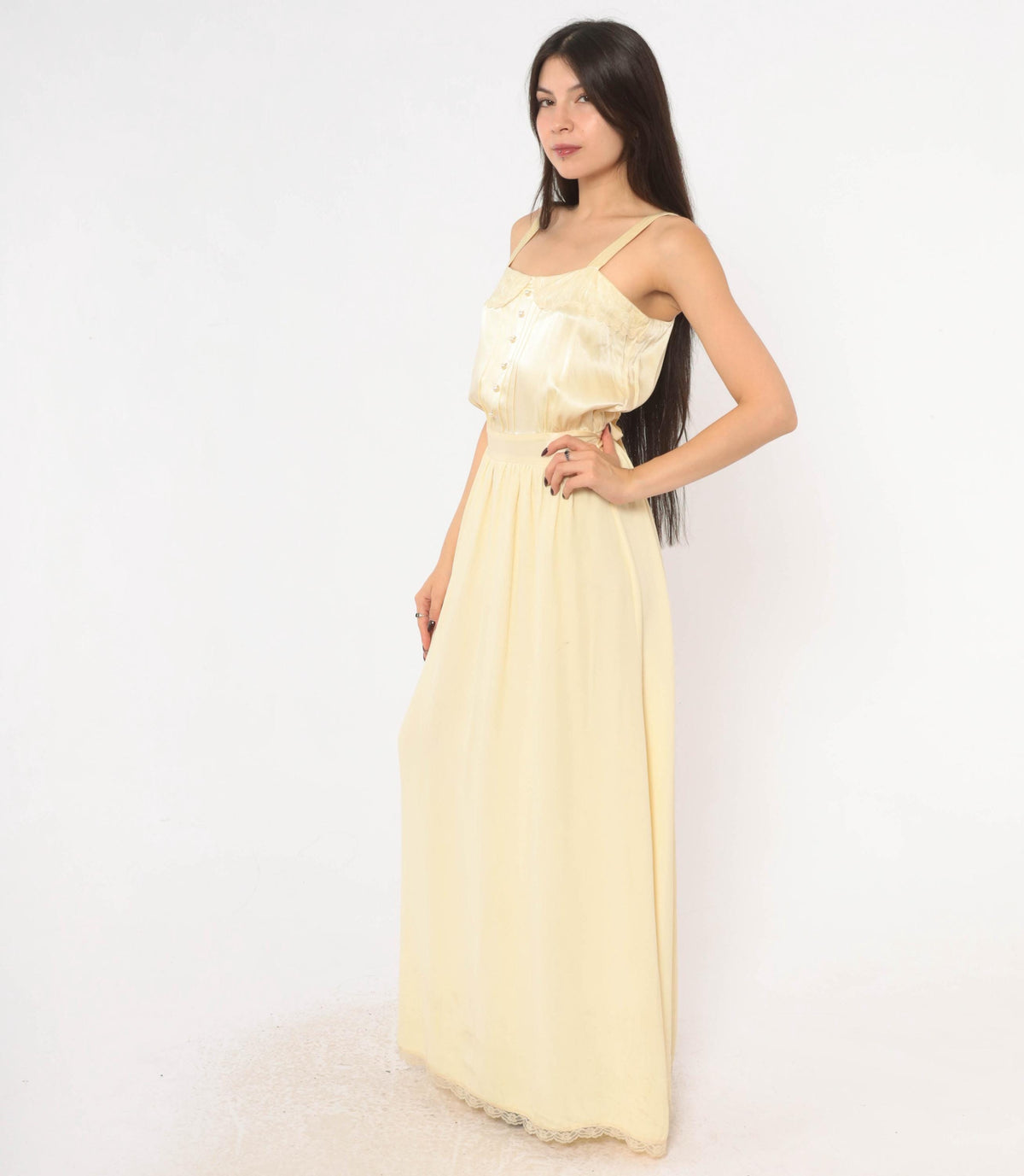70s Gunne Sax Maxi Dress Cream Satin Lace Pearl Button Spaghetti Strap Medium M