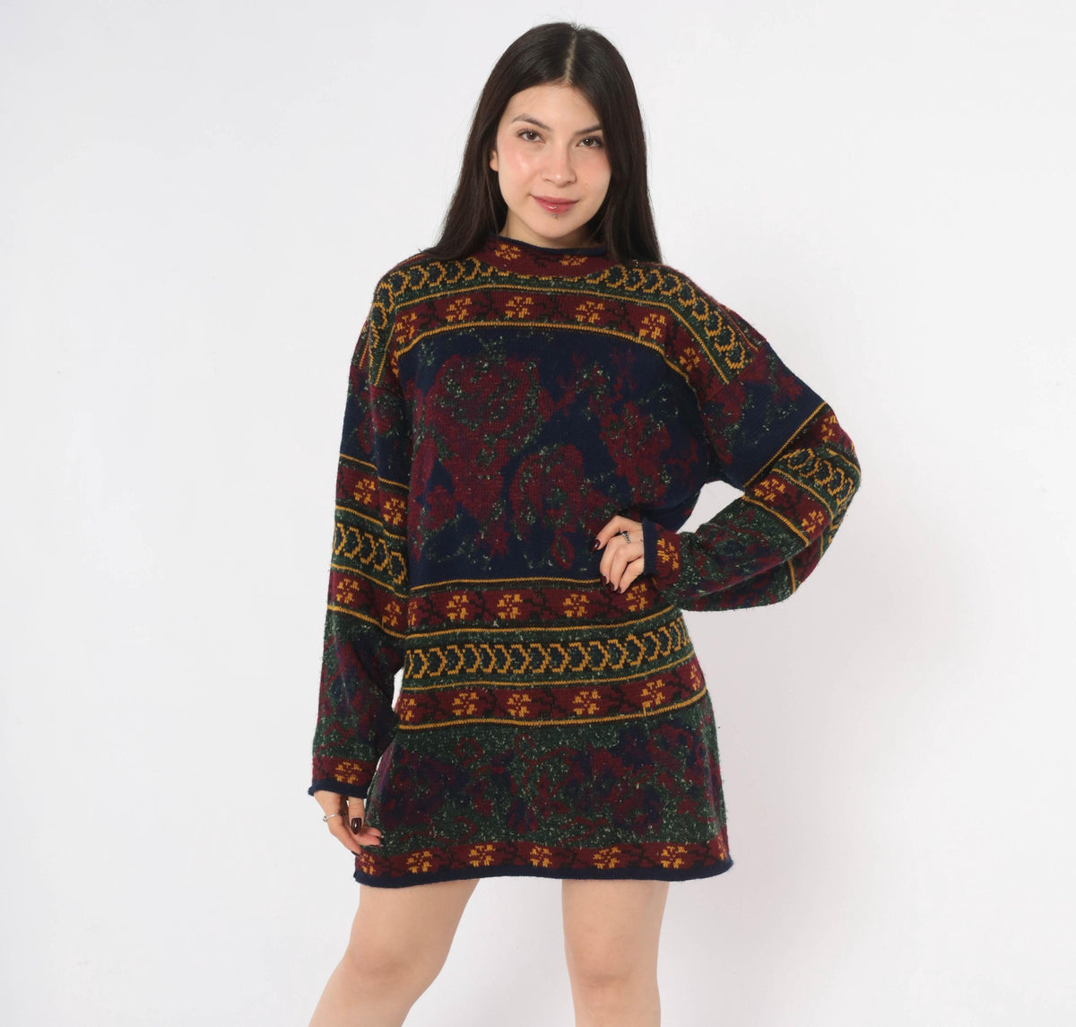 90s Colter Bay Sweater Dress Burgundy Navy Floral Fair Isle Mock Neck Medium