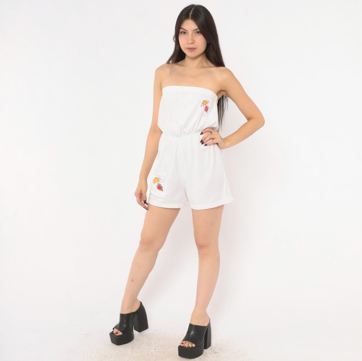 80s Bobbie Brooks White Strapless Terry Cloth Romper Umbrella Embroidered Small