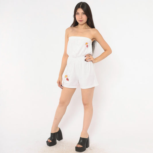80s Bobbie Brooks White Strapless Terry Cloth Romper Umbrella Embroidered Small