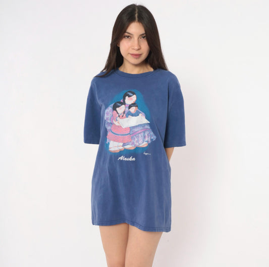 90s Anvil Alaska Graphic Tee Cobalt Blue Cotton Faded Print Extra Large