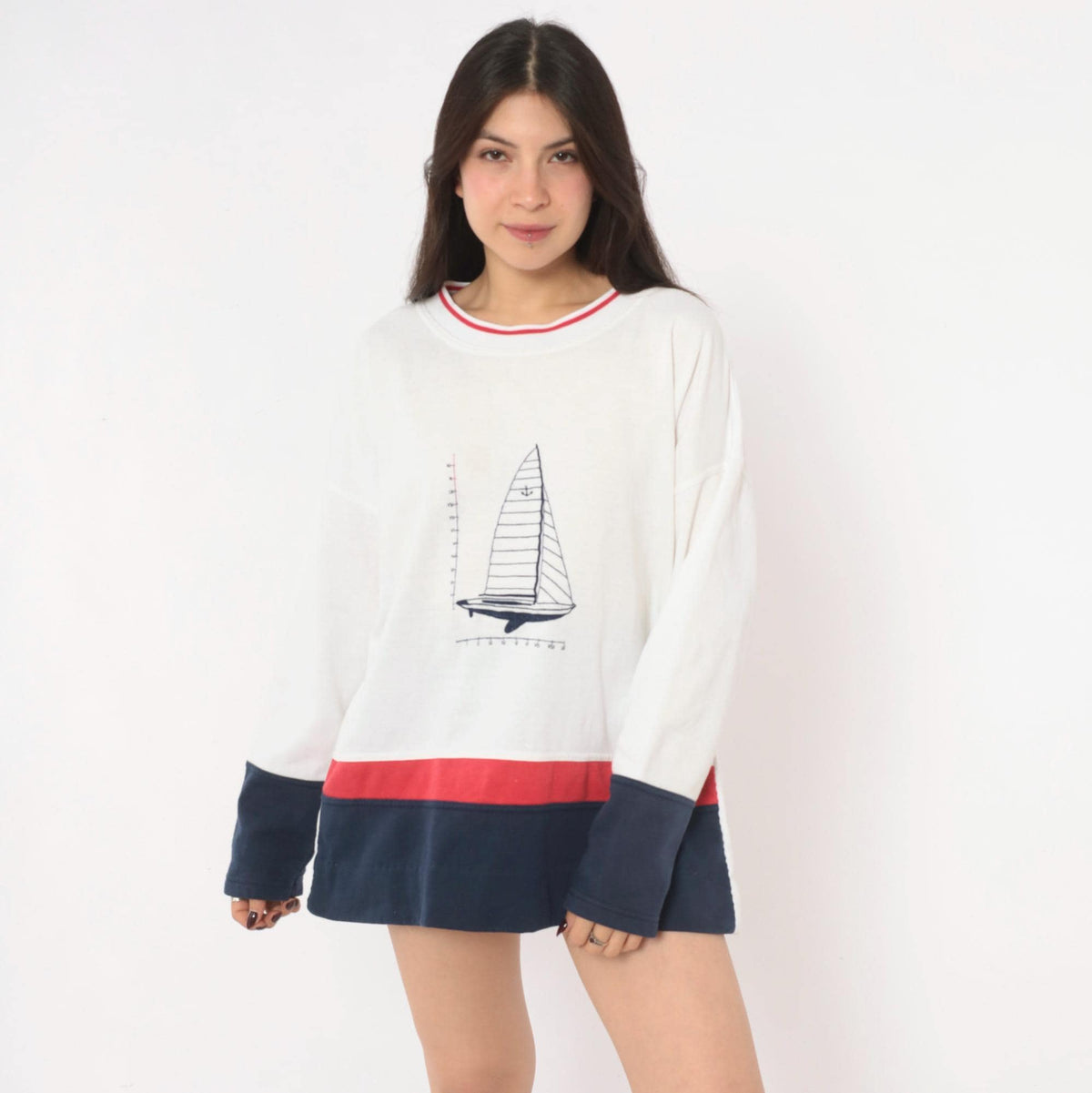 90s Kini Sailboat Embroidered Crewneck Sweatshirt White Navy Cotton Extra Large XXL