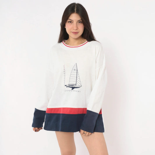 90s Kini Sailboat Embroidered Crewneck Sweatshirt White Navy Cotton Extra Large XXL
