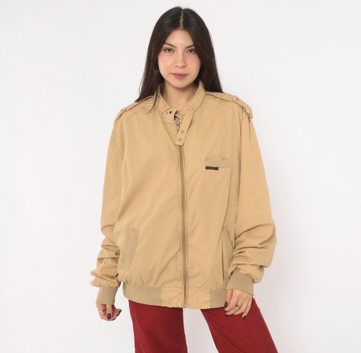 80s Members Only Bomber Jacket Beige Tan Snap Collar Raglan Extra Large