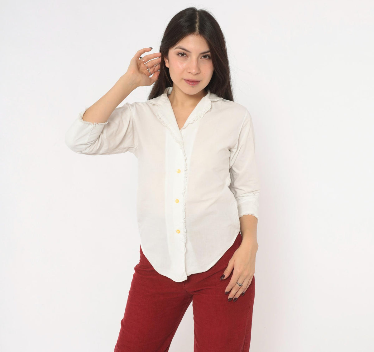 70s Lady Manhattan White Cotton Blouse Lace Trim V Neck Three Quarter Sleeve Extra Small