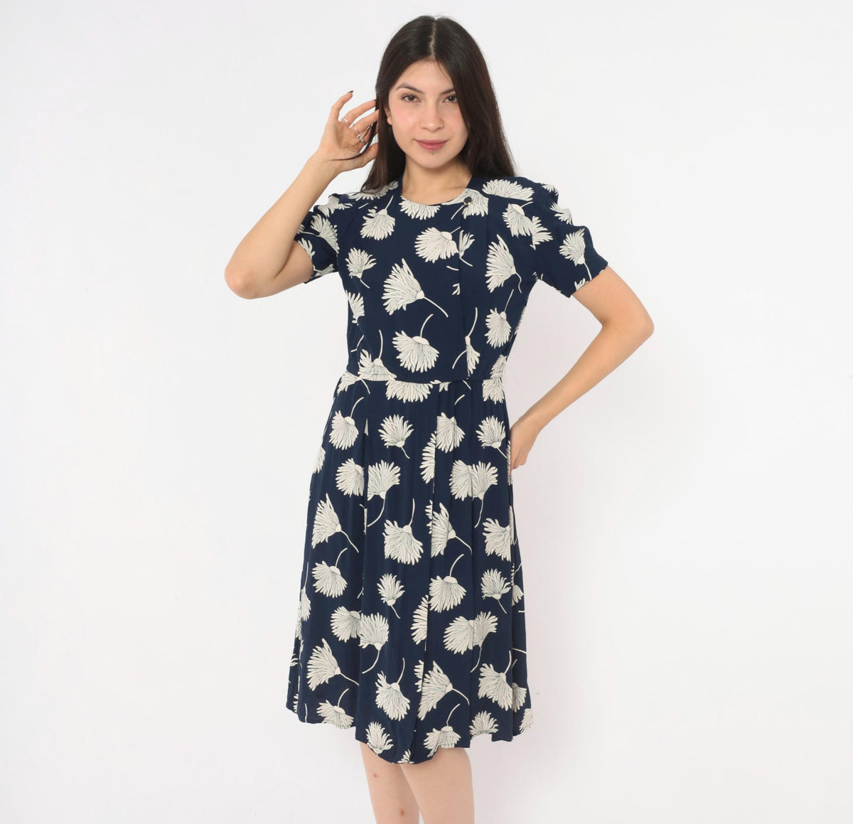 90s Liz Claiborne Navy Floral Dress White Daisy Print Puff Sleeve Small S