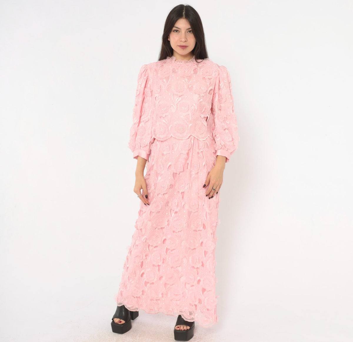 80s Bernadette Designs Pink Maxi Dress Floral Embroidered Puff Sleeve Large L