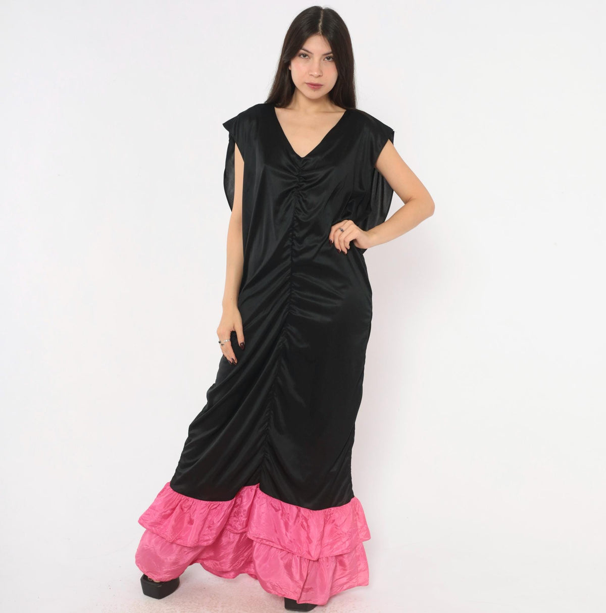 80s Black Satin Maxi Dress Fuchsia Ruffle Cowl Open Back Evening Gown Extra Large