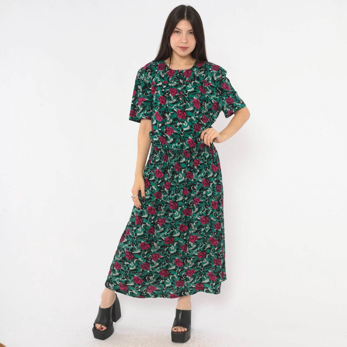 90s Virgo II Rose Print Maxi Dress Teal Pink Button Front Medium