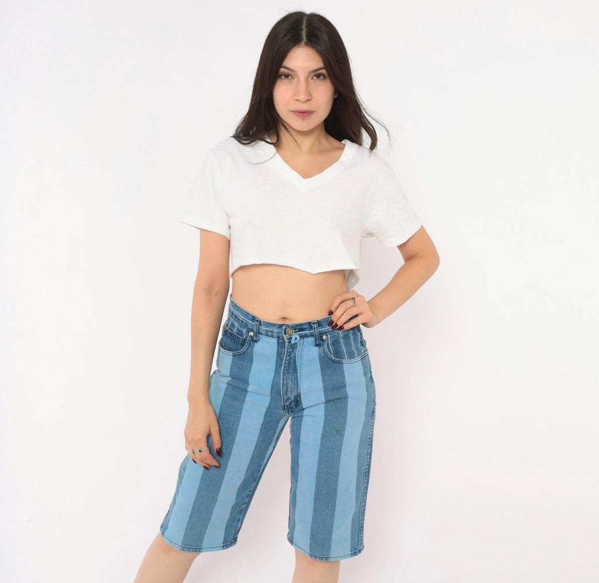90s Exhaust Jeans Striped Denim Shorts Blue White Vertical Stripe High Waist Knee Length Small S