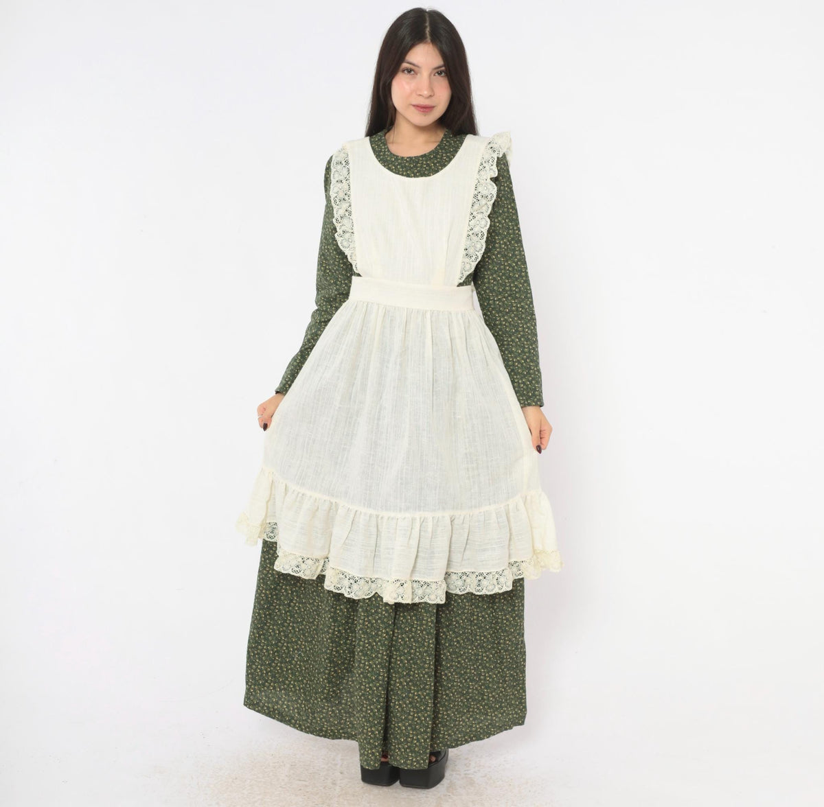 70s Cream Linen Pinafore Apron Dress Crochet Lace Ruffle Tie Back