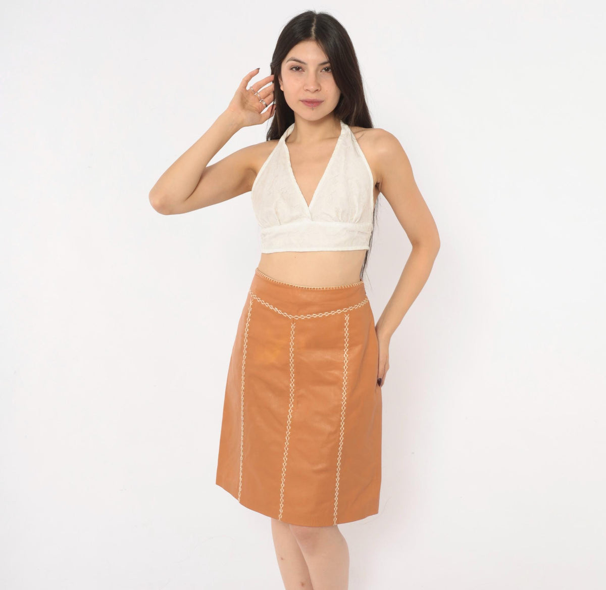 Y2K GAP Tan Leather A-Line Skirt Whipstitch Cream Stitching Small S