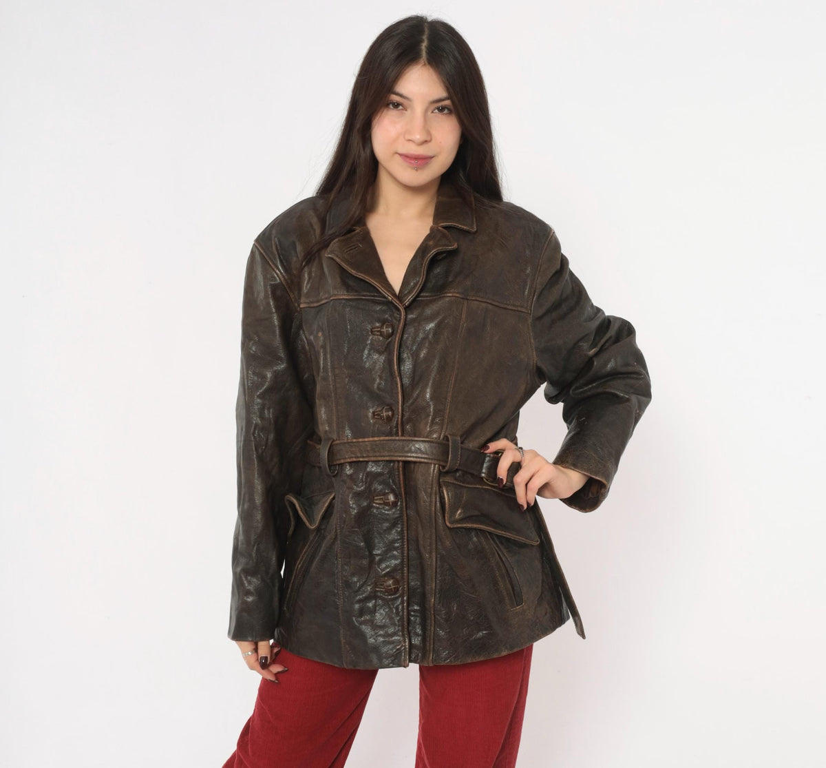 90s Oakwood Brown Leather Jacket Belted Waist Button Front Moto Large