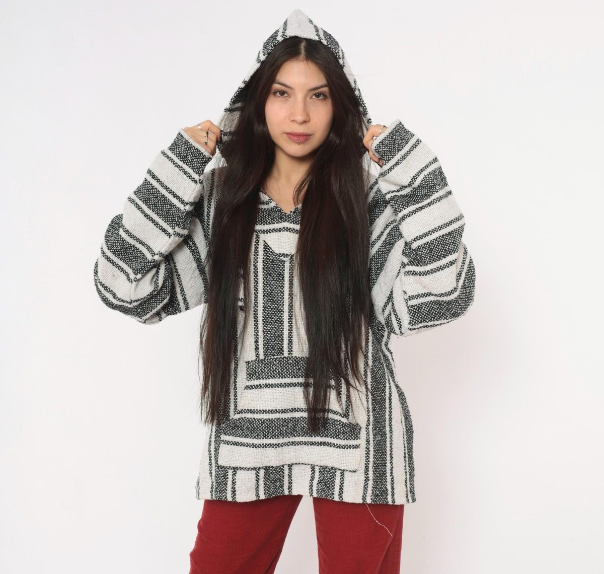 90s Baja Hoodie Black White Striped Woven Pullover Kangaroo Pocket Large L