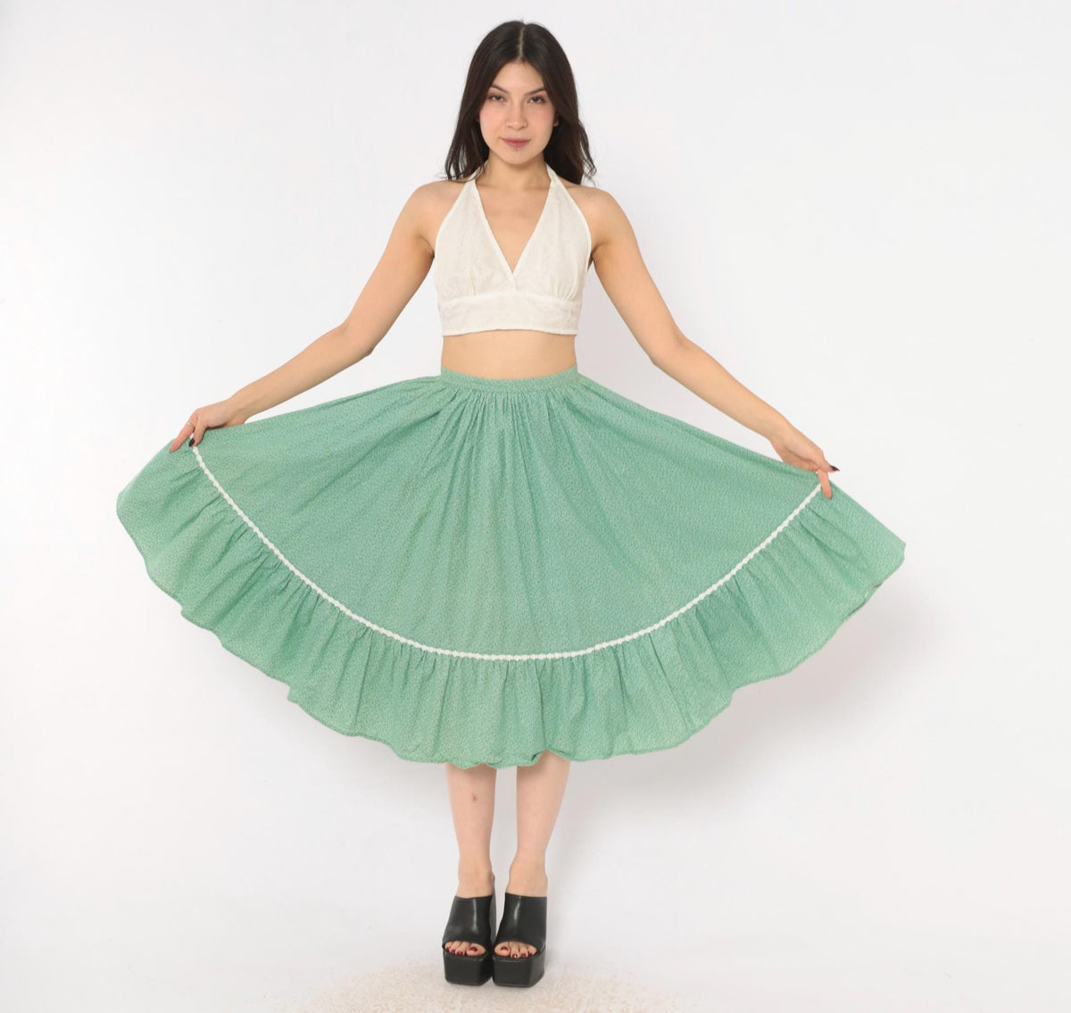 80s Green Ditsy Floral Skirt Cotton Knee-Length Full Circle Gathered Pockets XS
