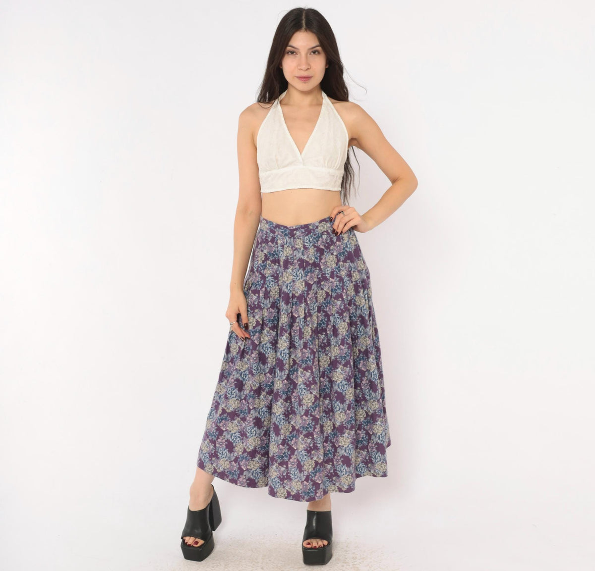 80s Laura Ashley Purple Floral Pleated Skirt High Waist Cotton Wool Small
