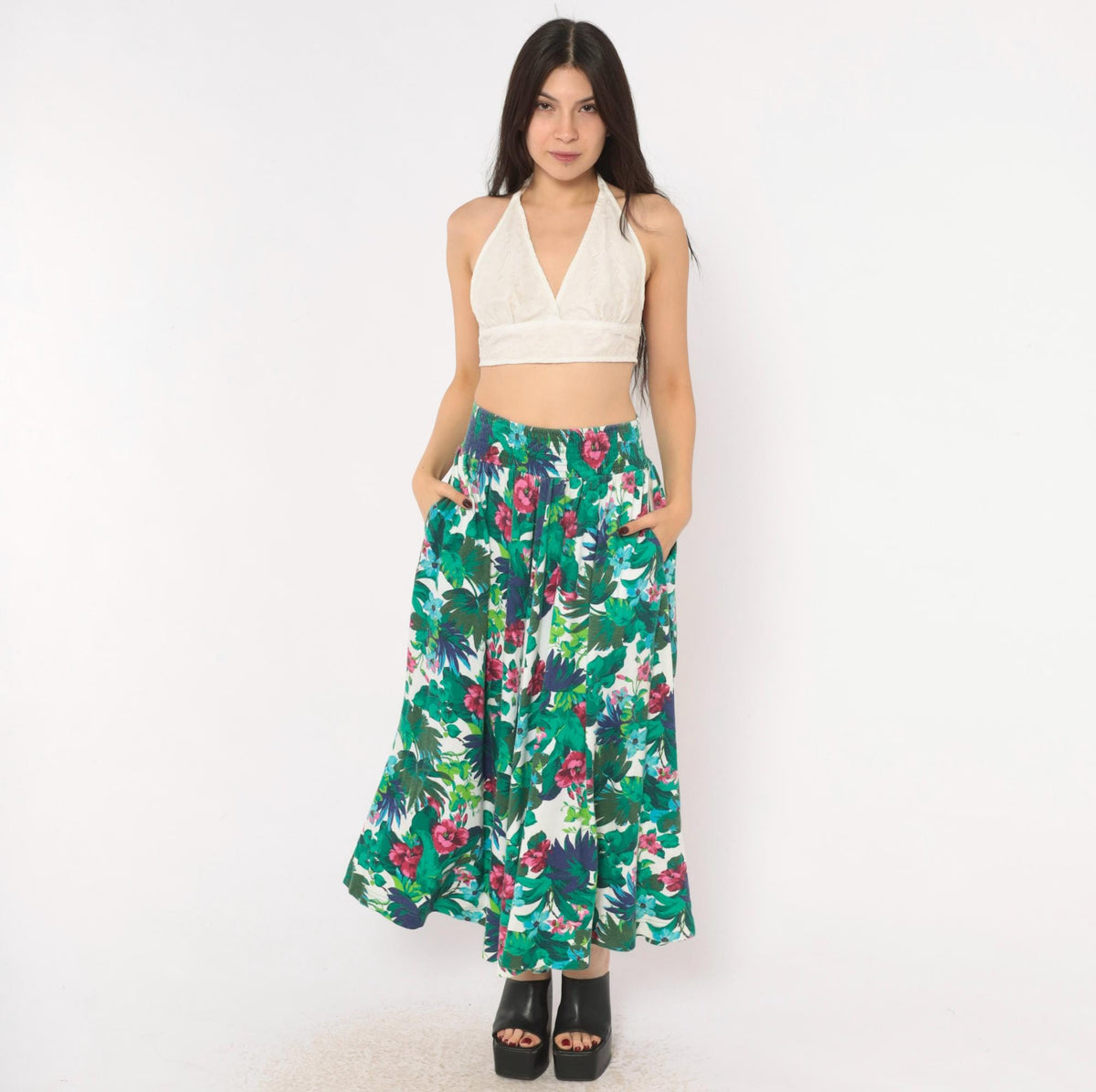 90s Dennis Goldsmith Tropical Floral Skirt Green Teal Pink Cotton Blend XS