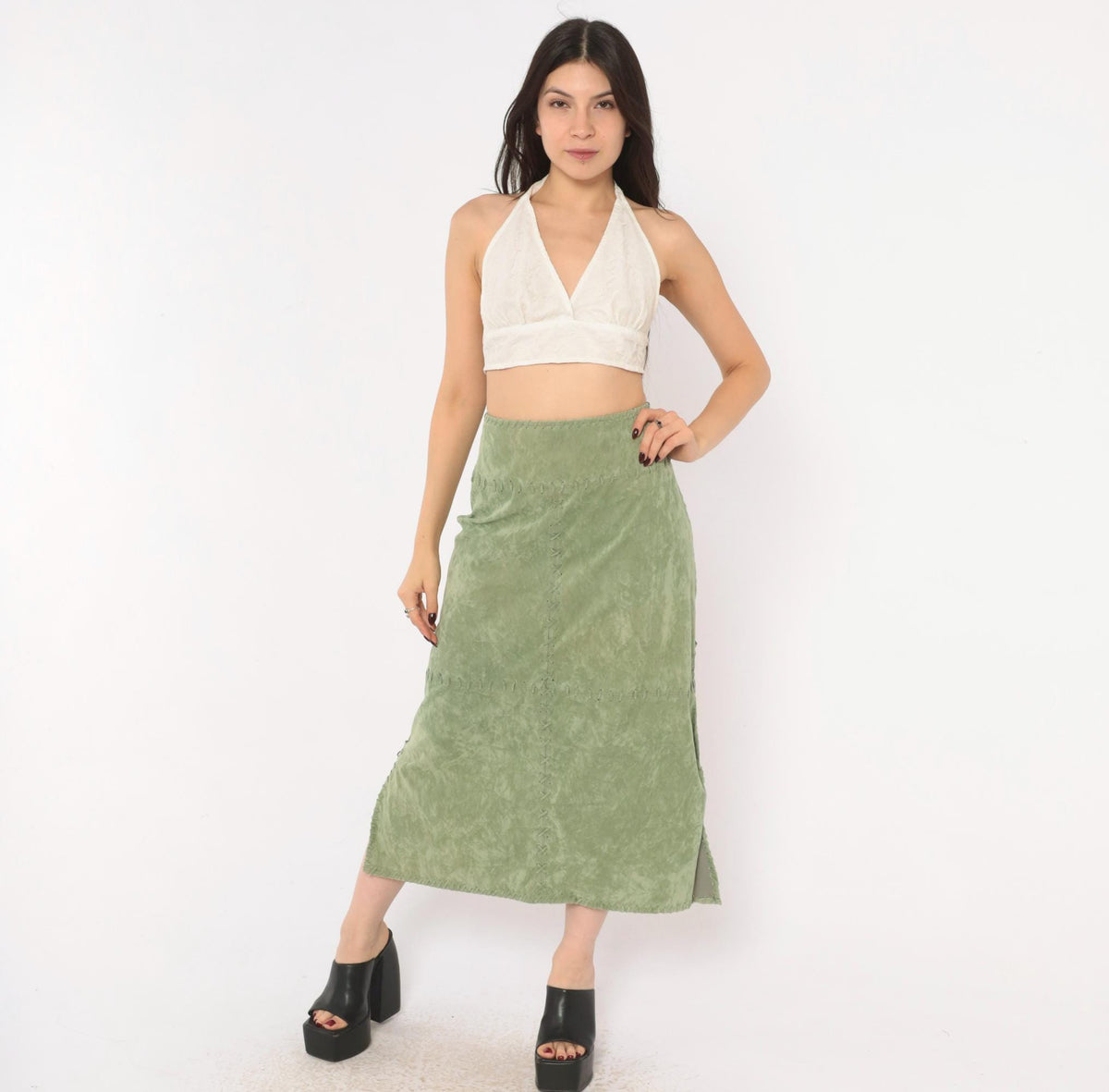 Y2K Mint Green Faux Suede Skirt Canyon Road Whipstitch Knee Length Extra Large