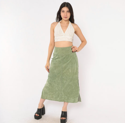 Y2K Mint Green Faux Suede Skirt Canyon Road Whipstitch Knee Length Extra Large