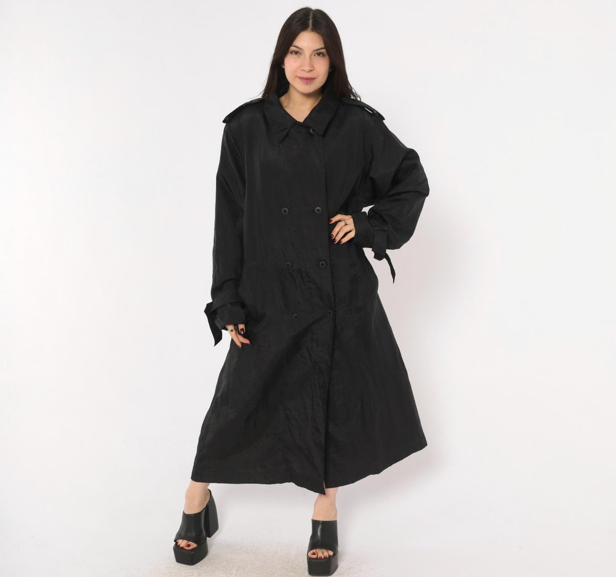 90s Jennifer Chase Black Trench Coat Double Breasted Collared Duster Extra Large XL