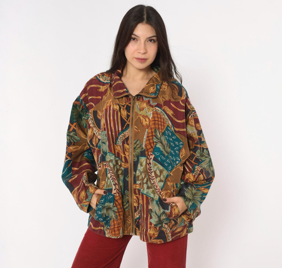 90s EVR Silk Bomber Jacket Tan Patchwork Leaf Print Unisex Large L