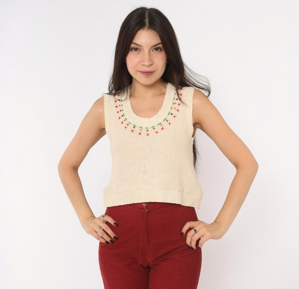 70s Cream Cotton Knit Vest Cross Stitch Embroidered Beaded Neckline Small