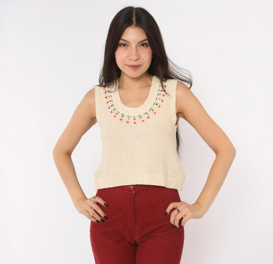 70s Cream Cotton Knit Vest Cross Stitch Embroidered Beaded Neckline Small