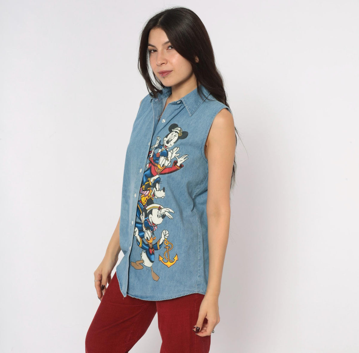 90s Mickey Unlimited Disney Denim Sleeveless Shirt Blue Chambray Medium M