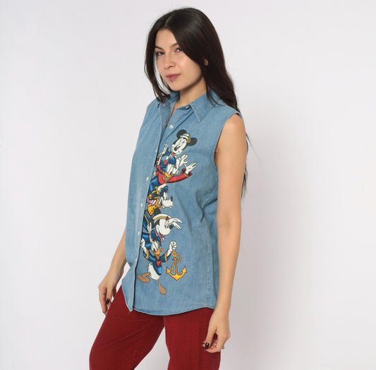 90s Mickey Unlimited Disney Denim Sleeveless Shirt Blue Chambray Medium M
