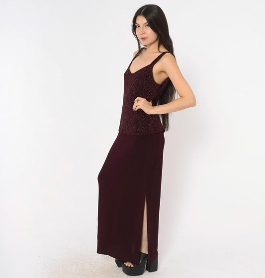 90s R&M Richards Burgundy Glitter Maxi Dress V-Neck Sleeveless Medium