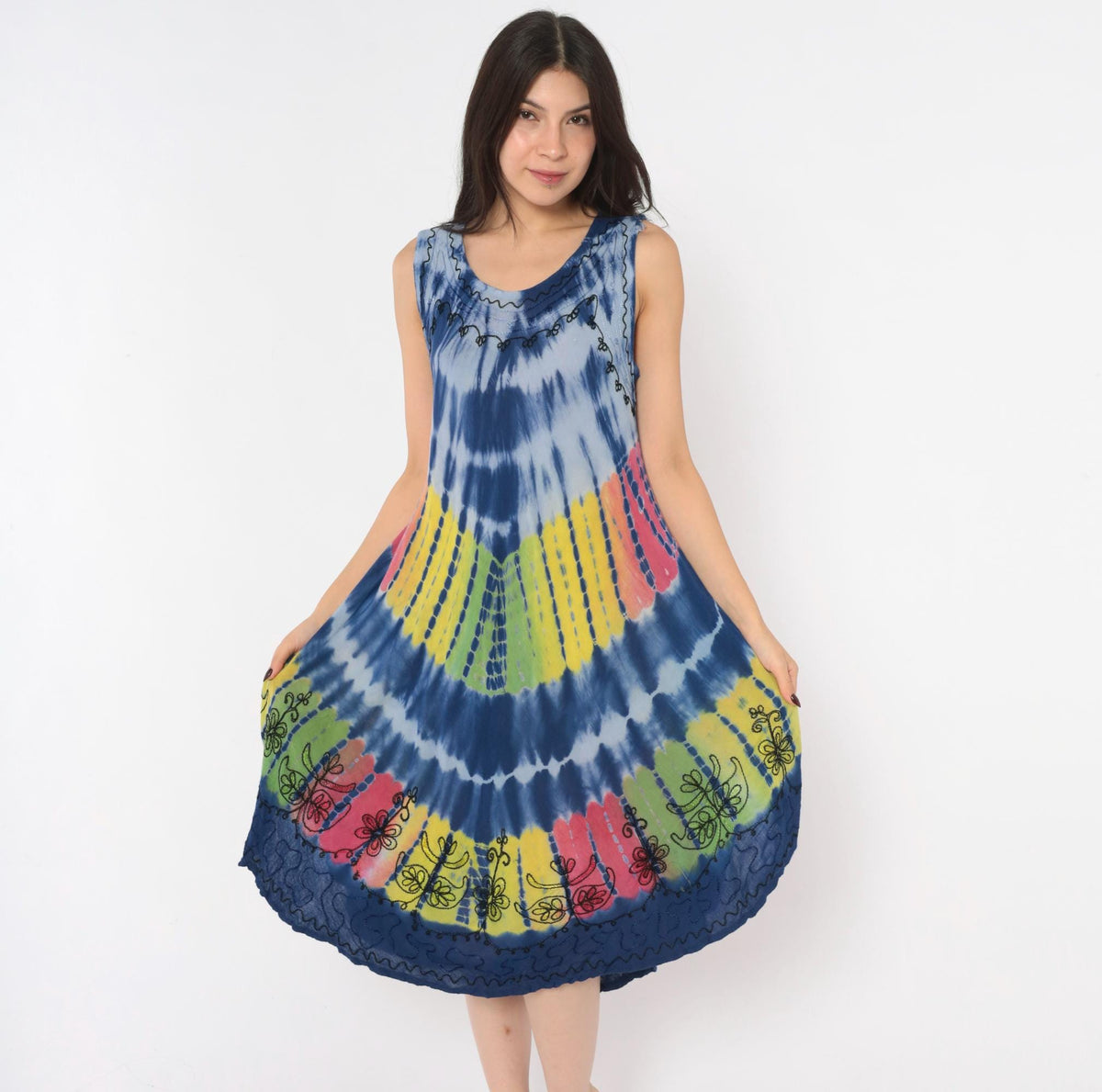 Y2K Tie Dye Sun Dress Blue Rayon Scoop Neck Trapeze Knee Length Small