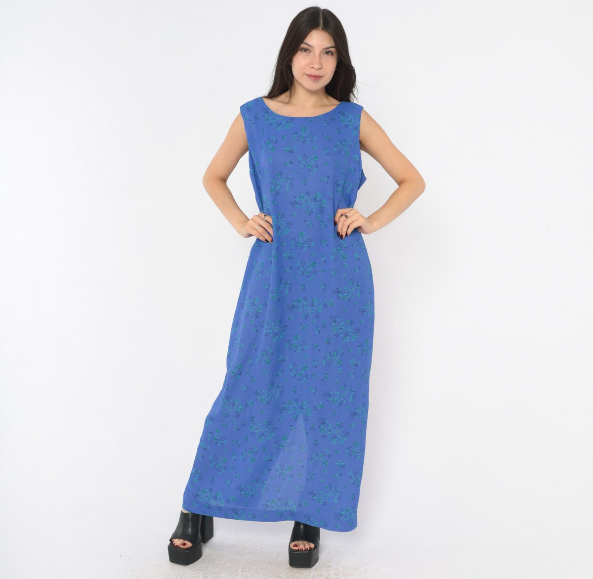 90s Leslie Fay Blue Floral Maxi Dress Sleeveless Scoop Neck Large L